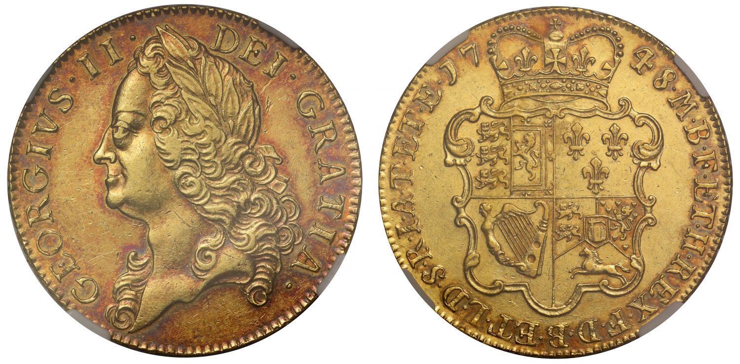 George II 1748 Five-Guineas, older head, NGC AU55