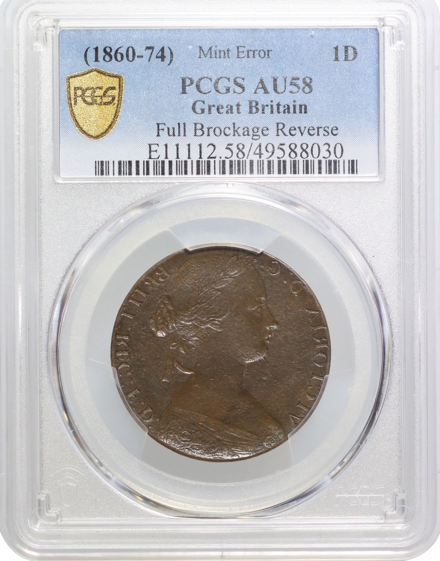 Victoria [c.1860-62] bronze Penny obverse brockage, Freeman die 2, PCGS AU58
