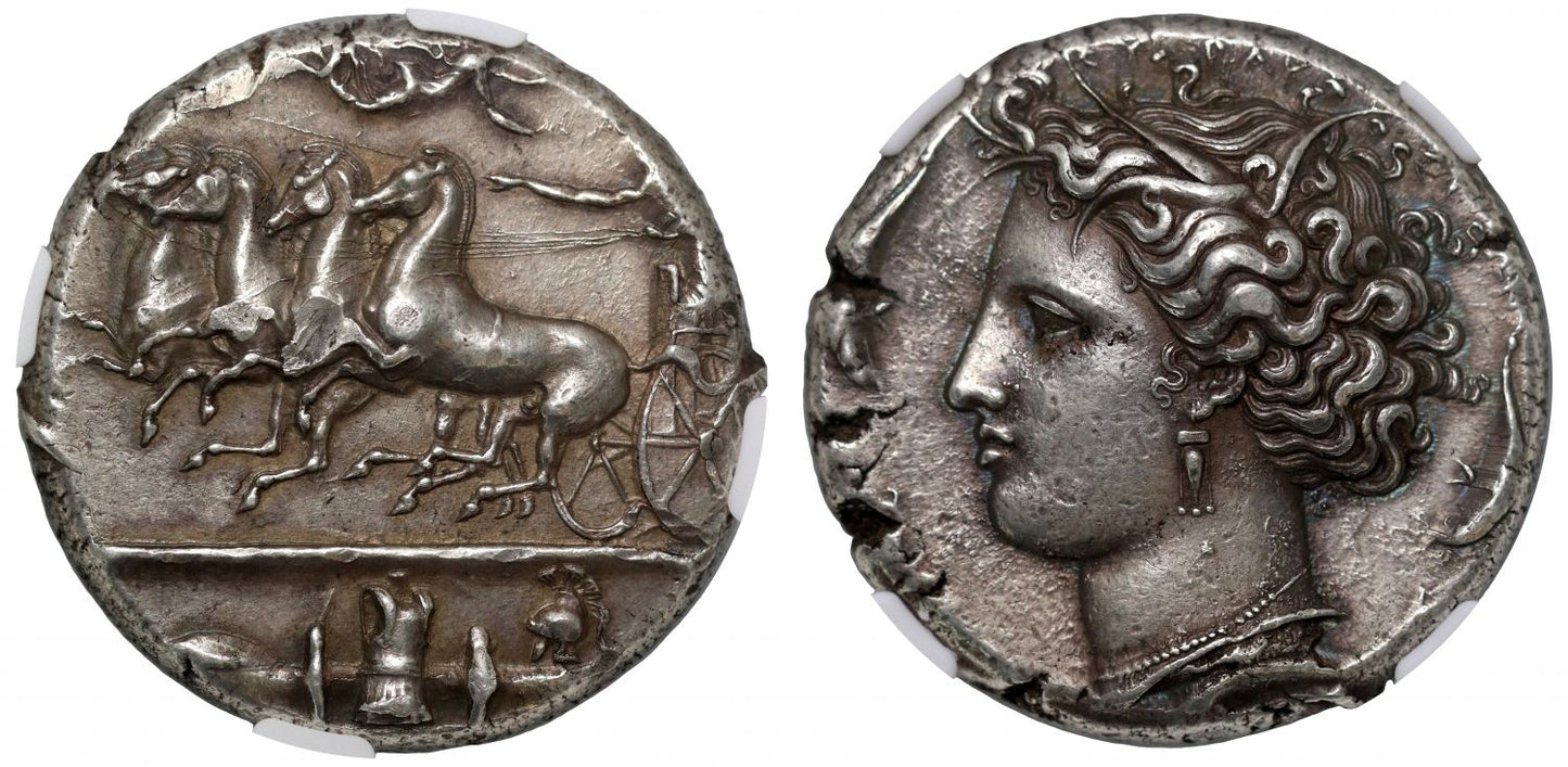 Sicily, Syracuse, Silver Dekadrachm, signed dies by Euainetos, Ch XF 4/5-2/5