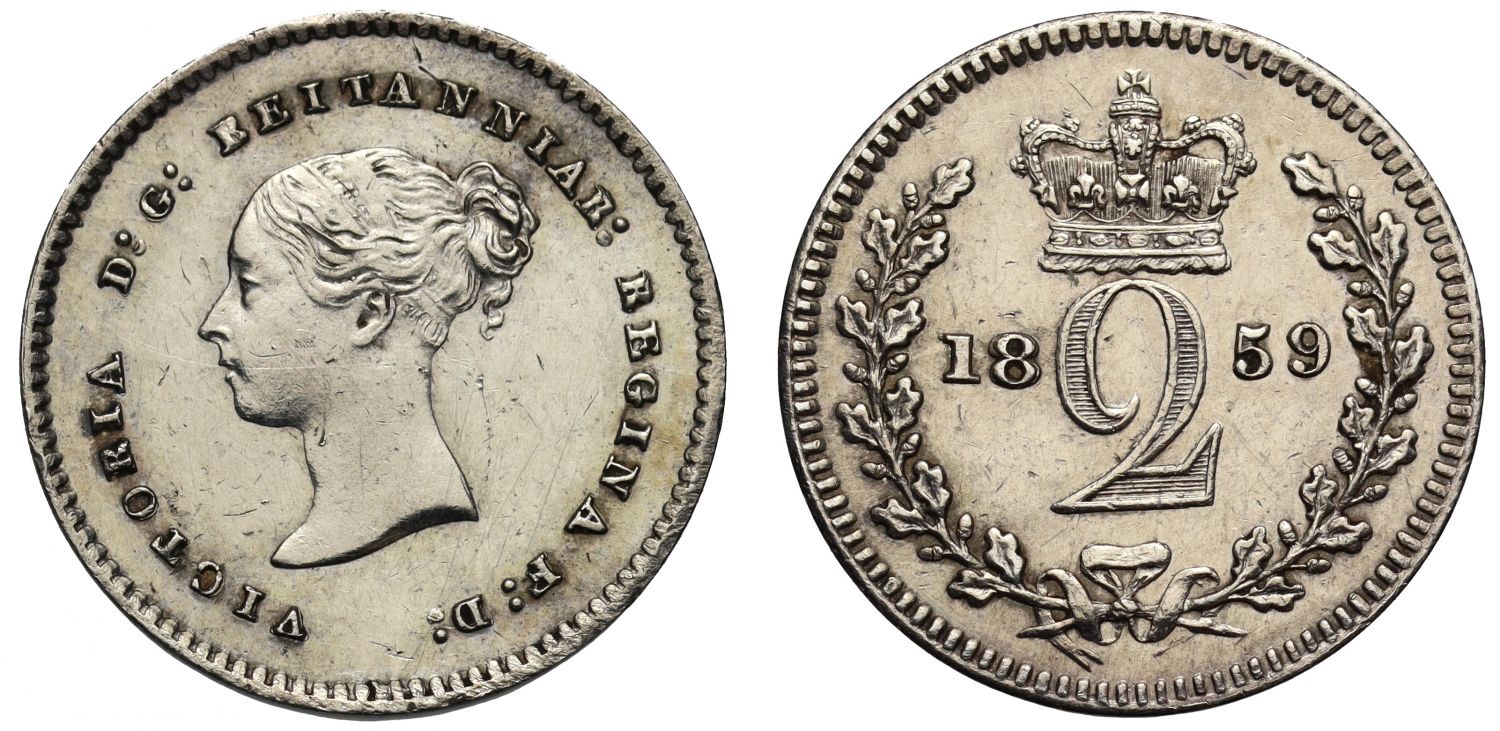 Victoria 1859 silver Twopence BEITANNIAR error legend, extremely rare
