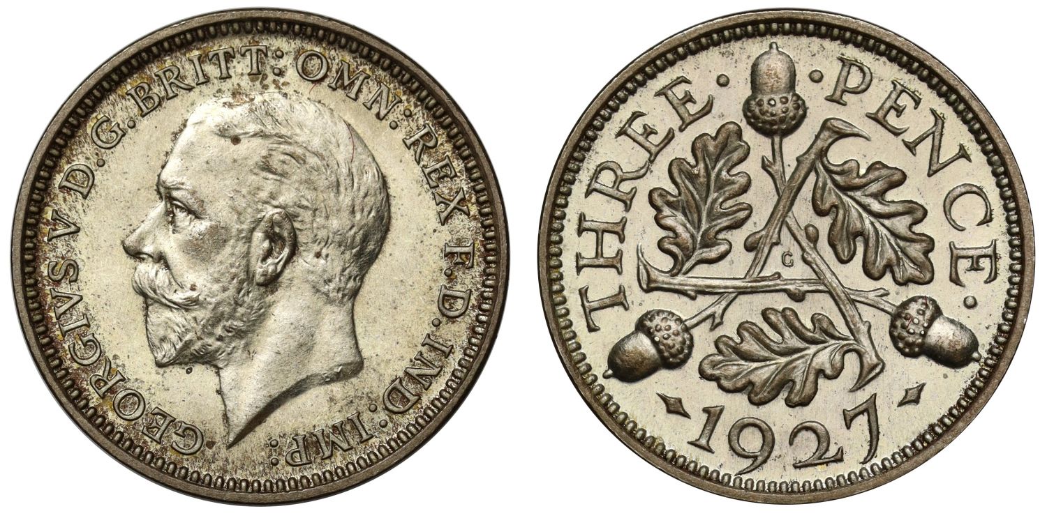 George V 1927 silver proof Threepence, acorns reverse