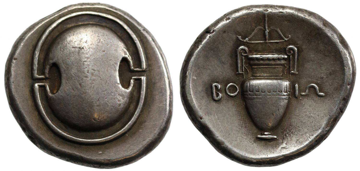 Boeotia, Federal Coinage, Silver Stater, c. 395-387 BC, with bow and arrow above amphora.