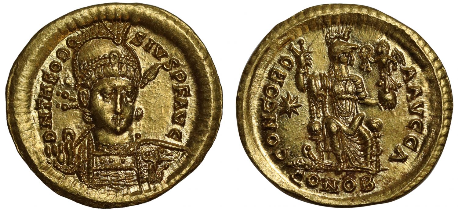 Theodosius II, Gold Solidus, Constantinople.