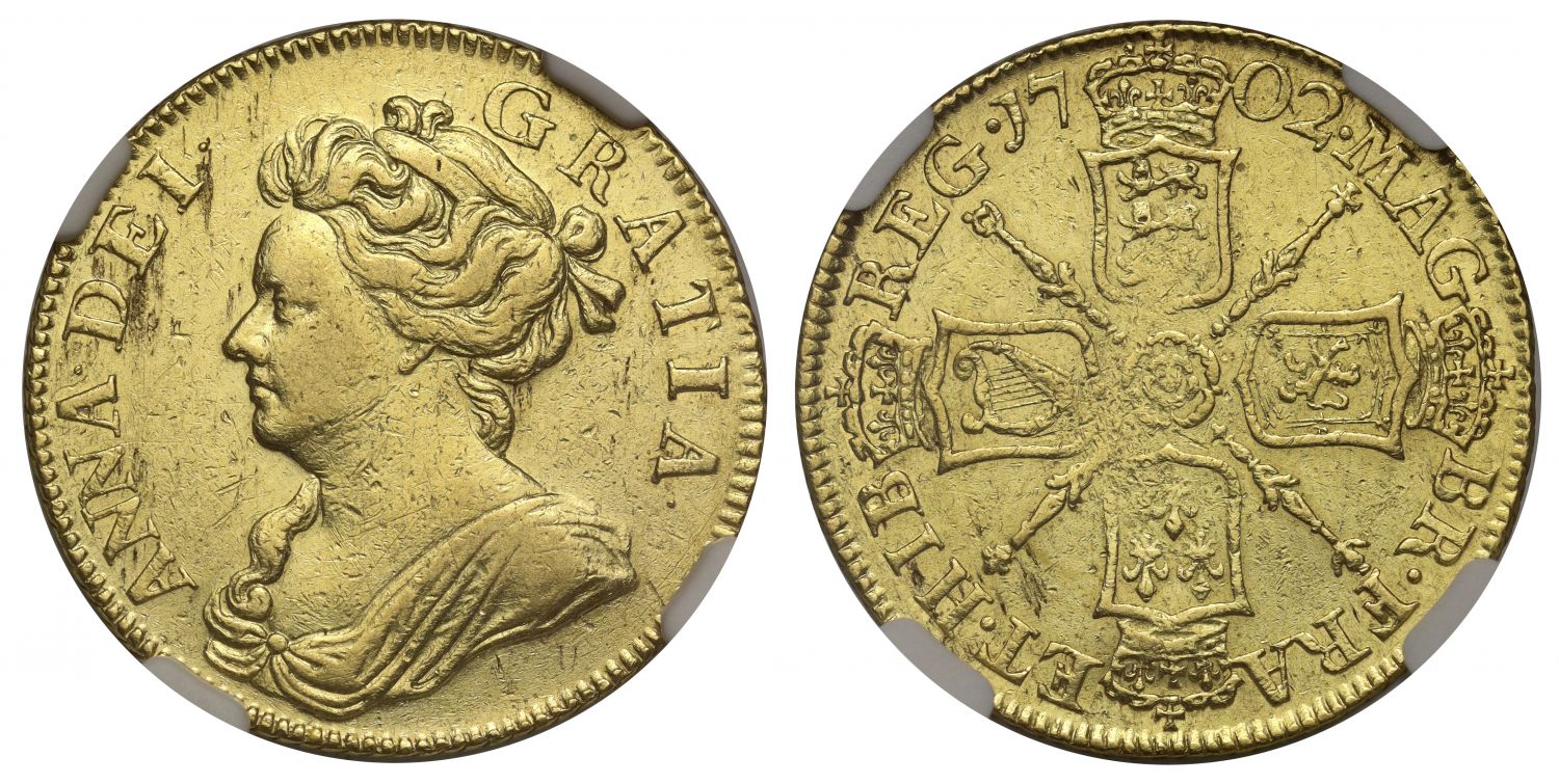 Anne 1702 Guinea, Pre-Union type, first date, NGC AU details cleaned