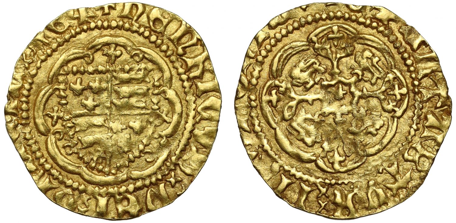 Henry V gold Quarter-Noble, London class C/B mule, unusal legend & reverse