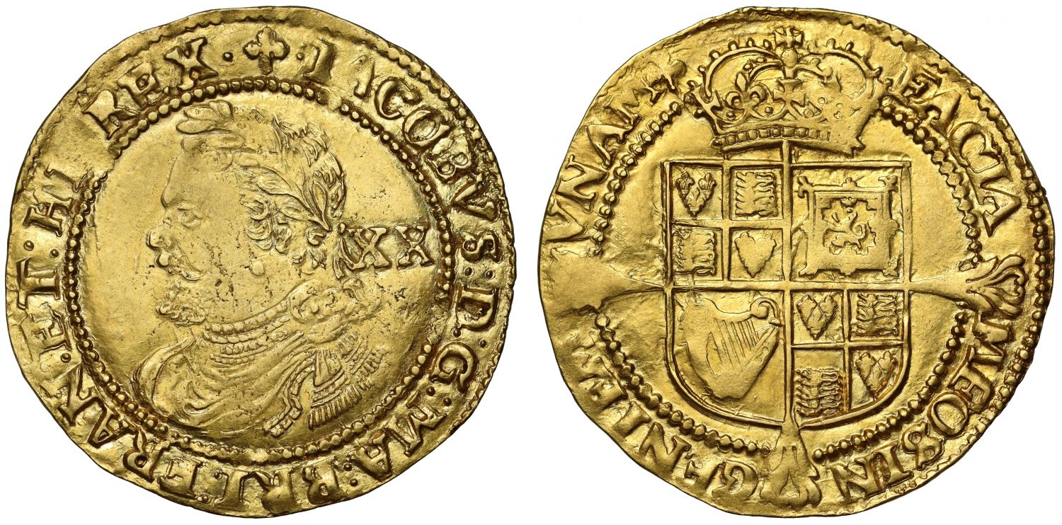 James I gold Laurel, 3rd coinage, 4th bust with straight ties, mm trefoil
