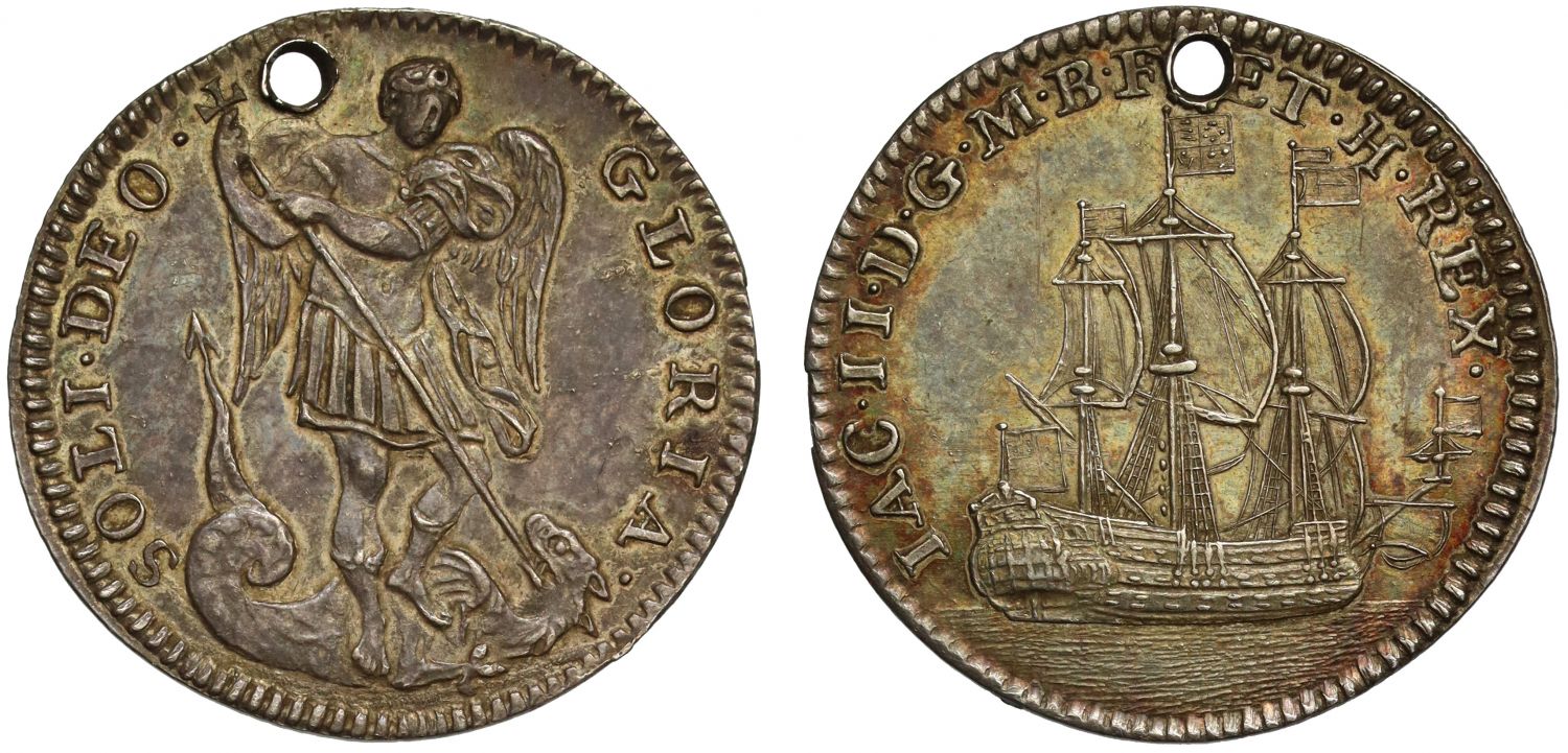 James II silver Touchpiece, pierced, obverse 2, reverse 2