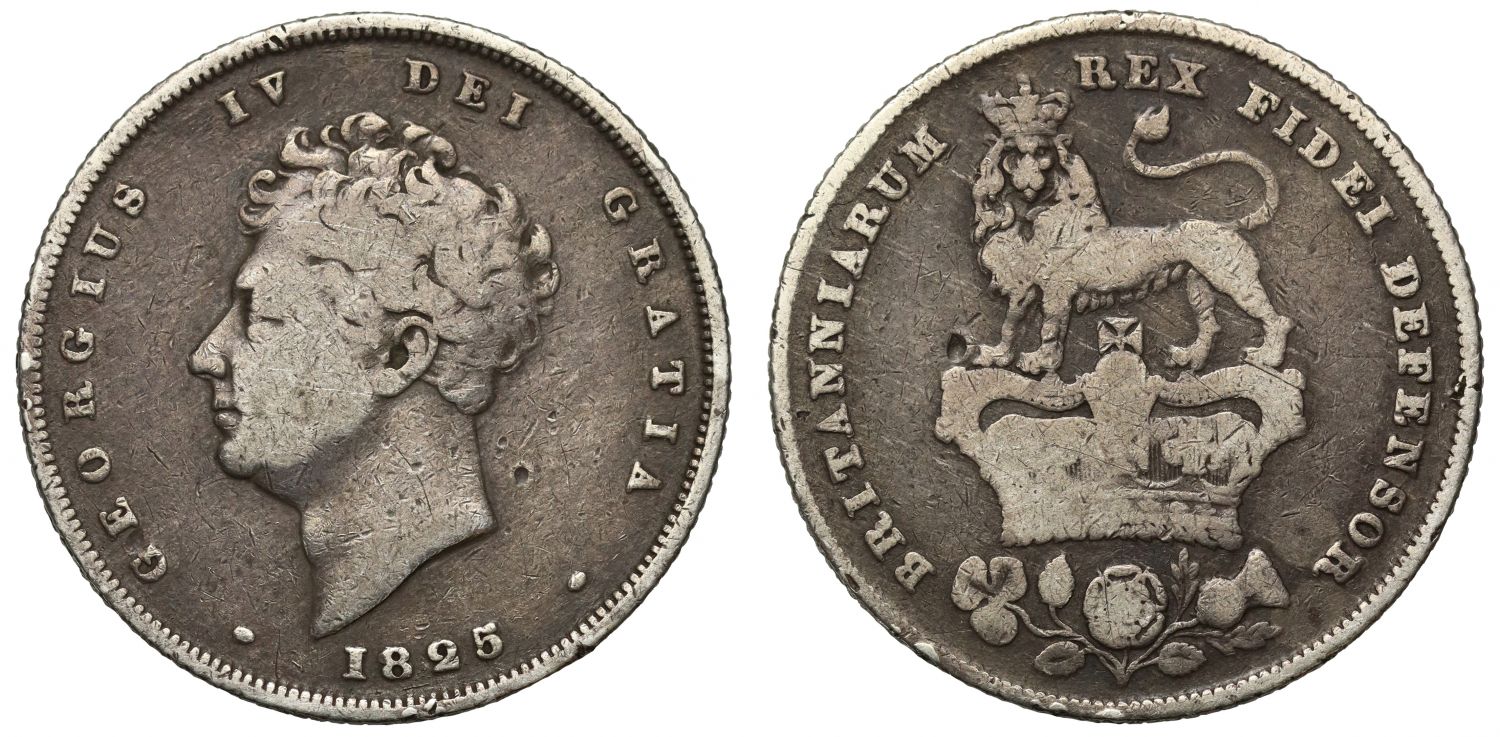 George IV 1825 Shilling, bare head, Roman I for 1 in the date