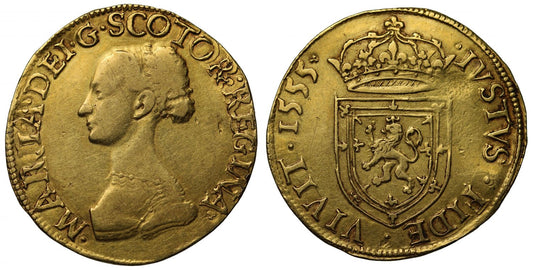 Mary Queen of Scots, gold Ryal of Three Pounds, 1555, rare die combination