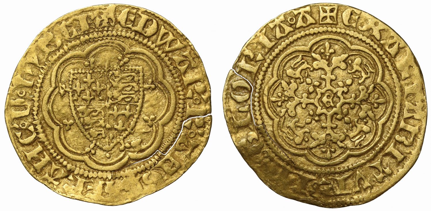 Edward III gold Quarter-Noble, Pre-Treaty Series B, Godless with Amen title, cracked