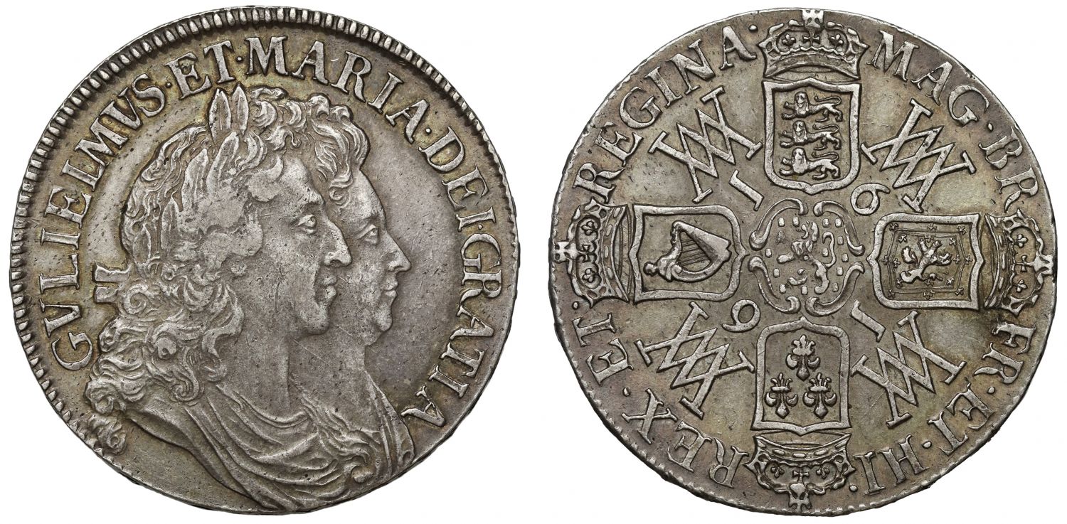 William & Mary 1691 Crown, edge year TERTIO, NGC AU50 low silver output
