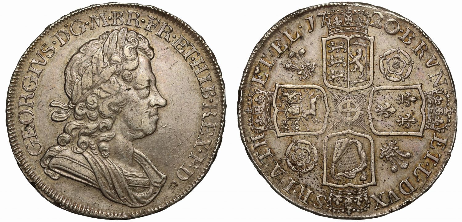George I 1720 Crown, 20 over 18, roses and plumes