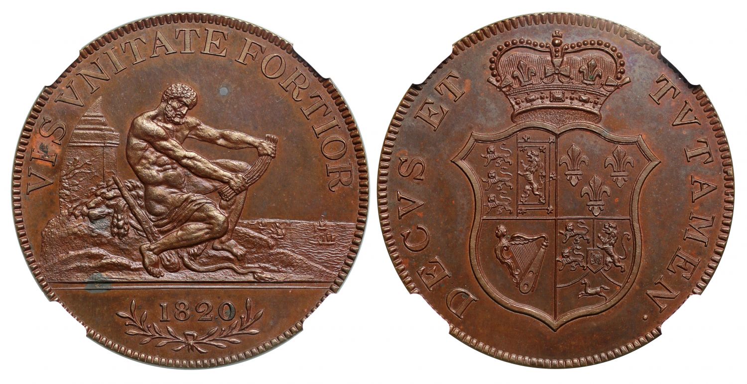 George III 1820 copper pattern Crown PF62 BN, engraved by J.P. Droz