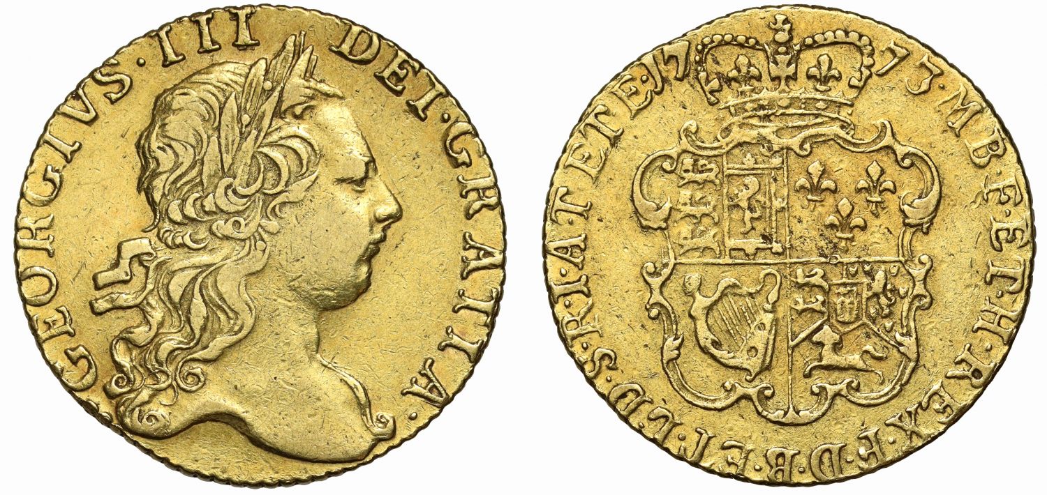 George III 1773 Guinea, first 7 over 1, third head, last year for this head