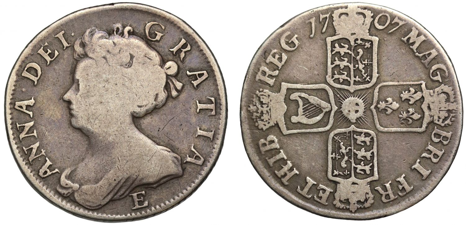 Anne 1707 Shilling, Edinburgh mint, no stops on reverse, local dies