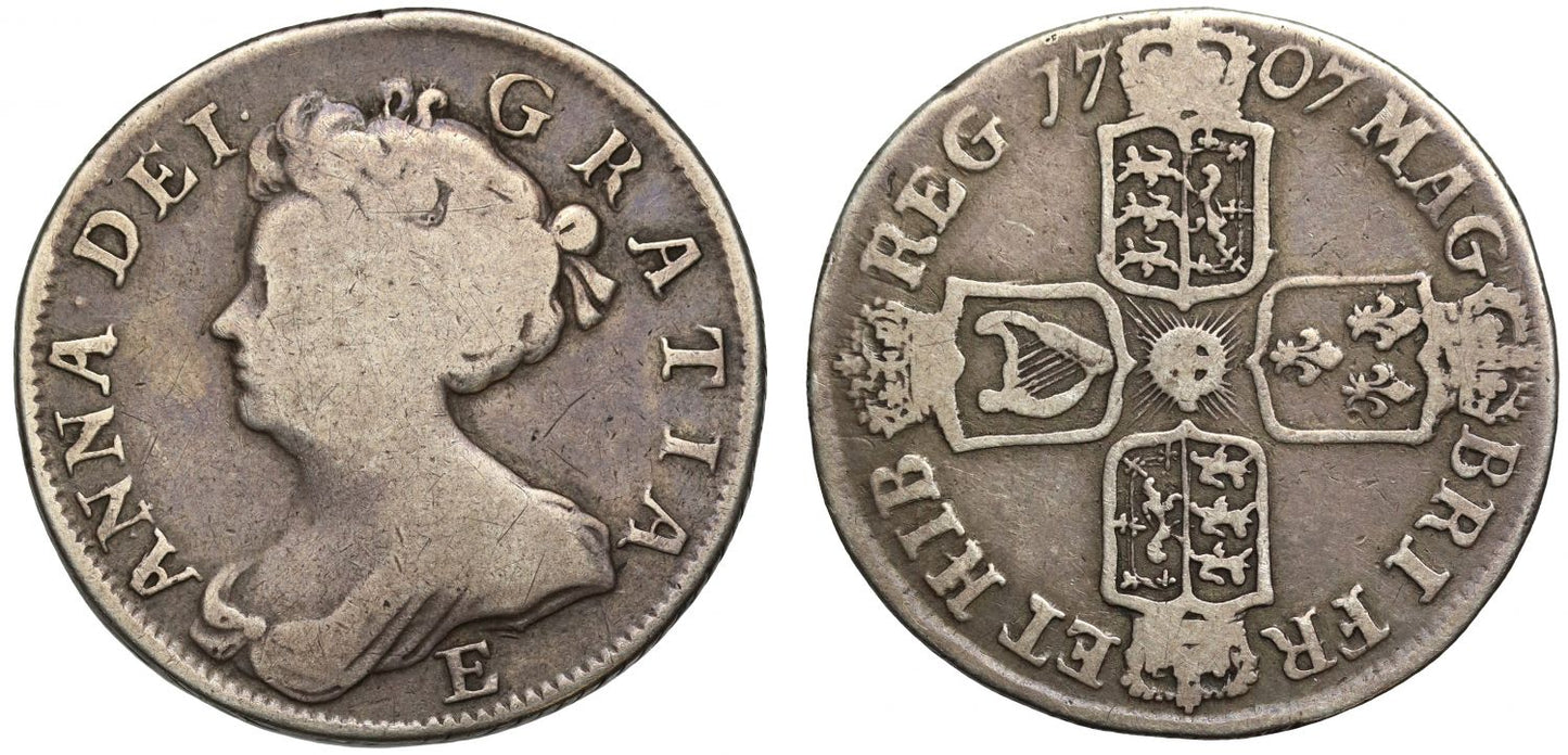 Anne 1707 Shilling, Edinburgh mint, no stops on reverse, local dies