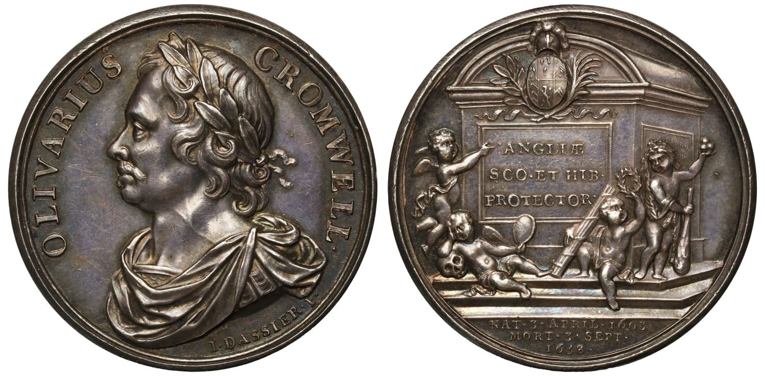 Oliver Cromwell, Memorial 1658, silver medal by Jean Dassier.