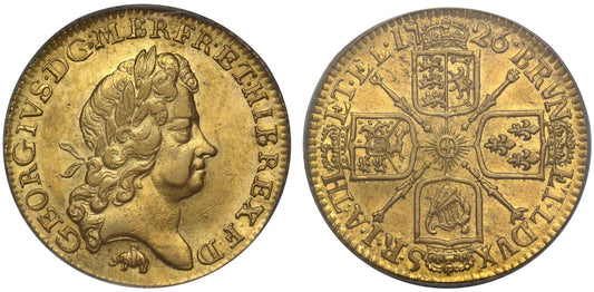 George I 1726 Guinea Elephant and Castle below 5th bust, PCGS AU55