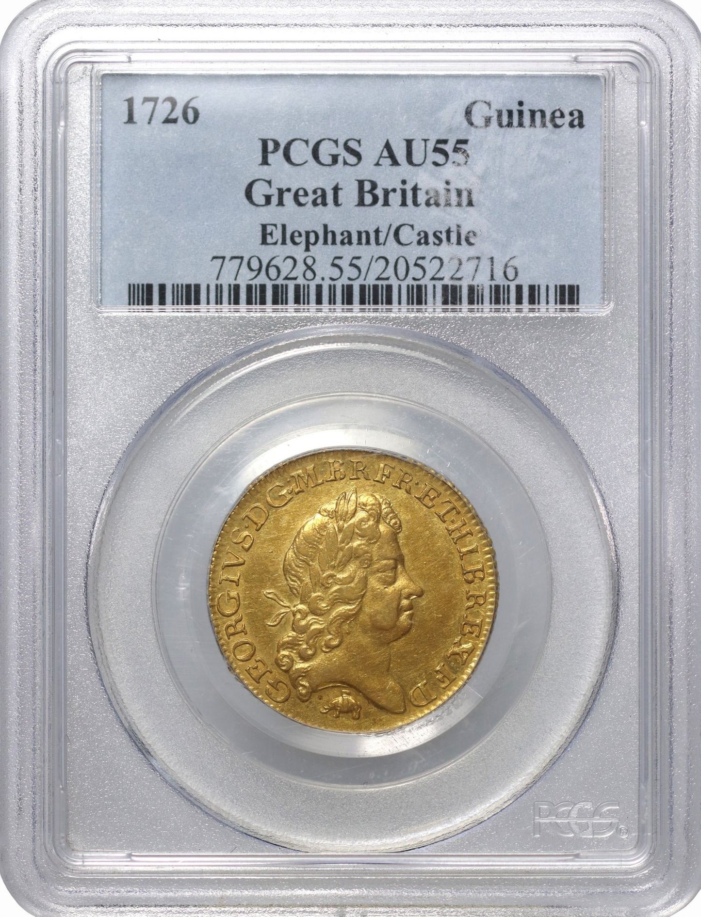 George I 1726 Guinea Elephant and Castle below 5th bust, PCGS AU55