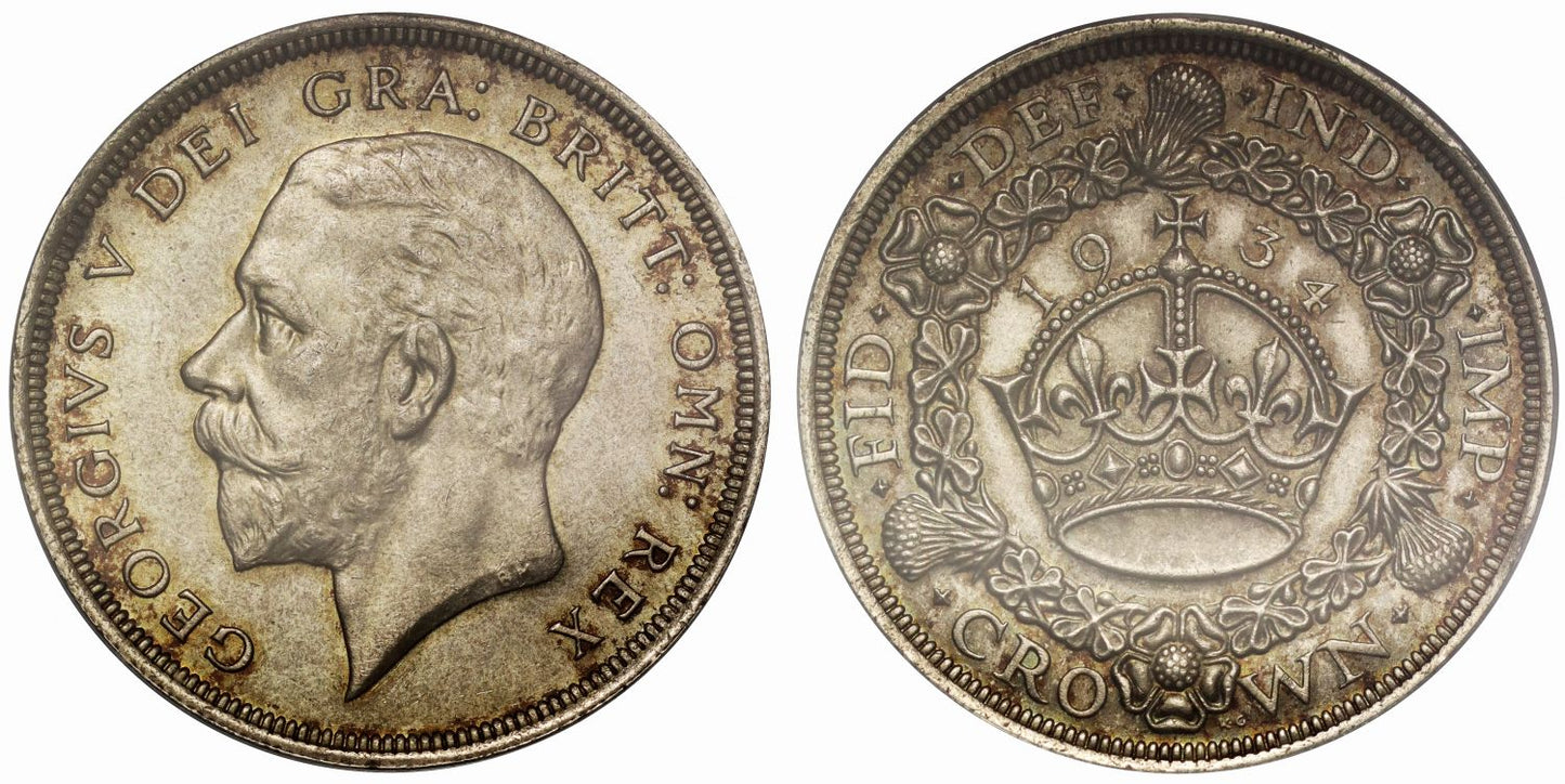 George V 1934 'Wreath' Crown, key date only 932 struck, PCGS MS64