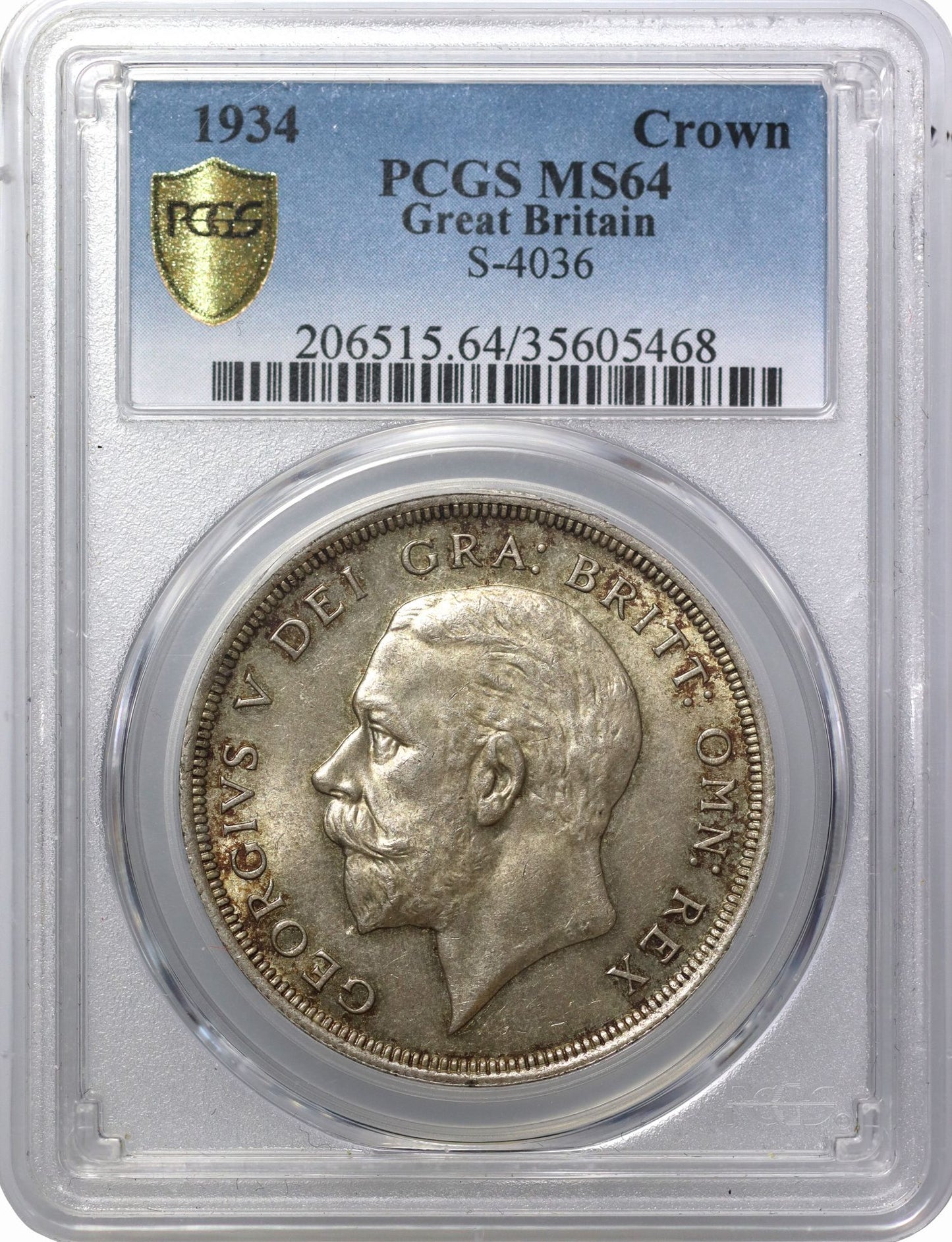 George V 1934 'Wreath' Crown, key date only 932 struck, PCGS MS64
