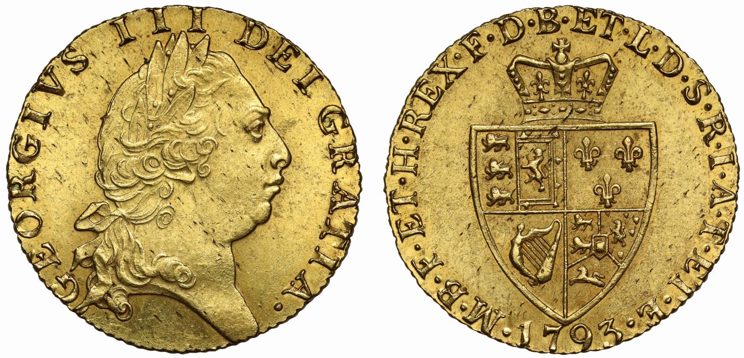 George III 1793 Guinea, MS62, 5th bust, spade reverse