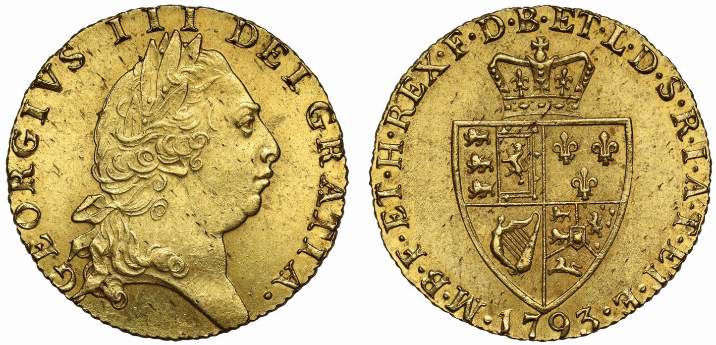 George III 1793 Guinea, MS62, 5th bust, spade reverse