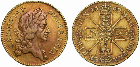 Charles II 1669 Guinea, third laureate bust, very rare date