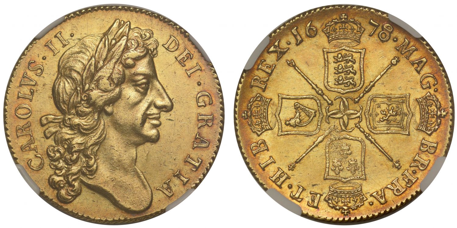 Charles II 1678 Two-Guineas 8 over 7, rare overdate NGC MS62