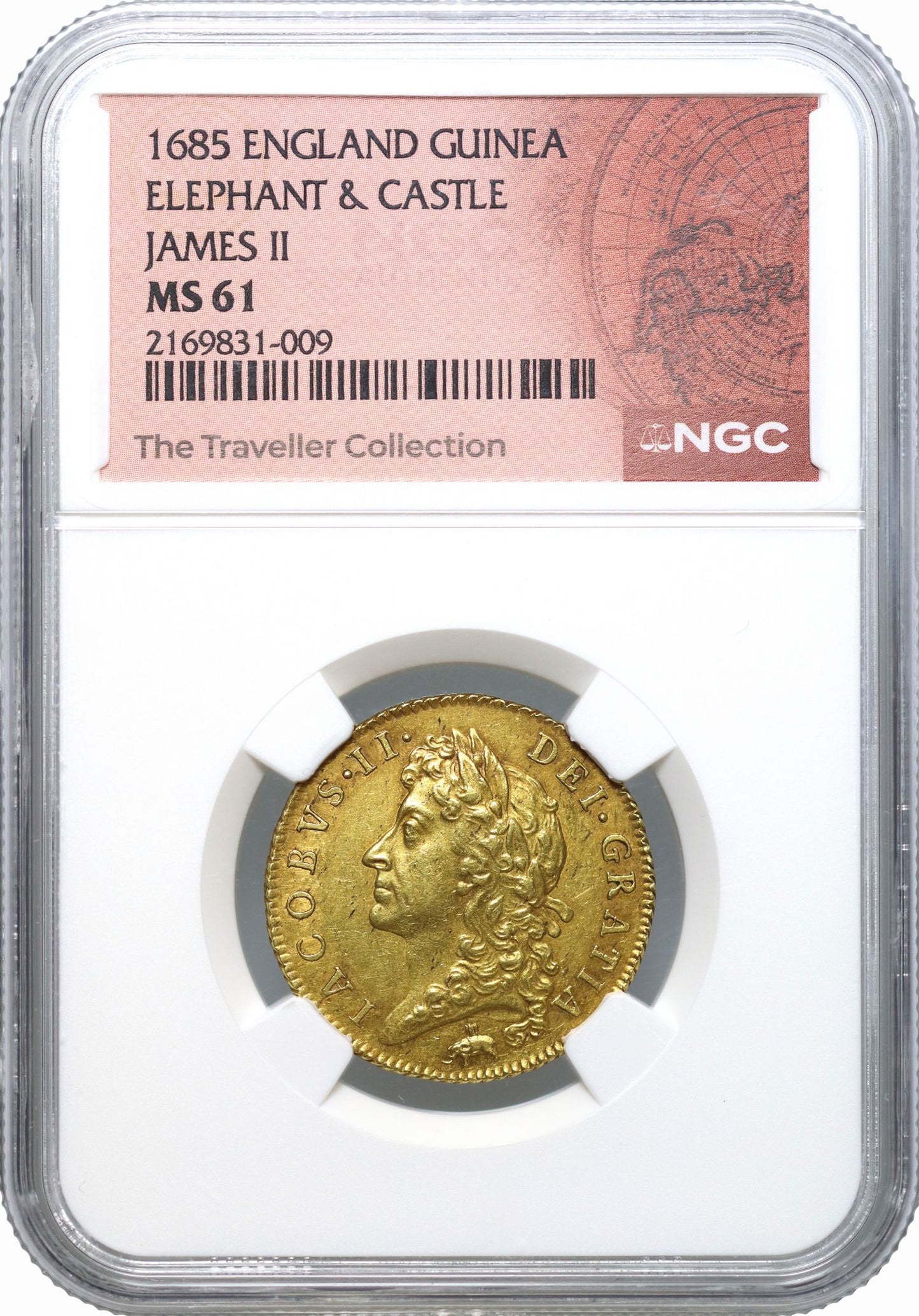 James II 1685 Guinea Elephant and Castle, MS61 ex Traveller collection