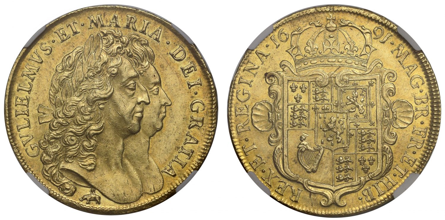 William and Mary 1691 Five-Guineas Elephant & Castle NGC MS62 finest graded