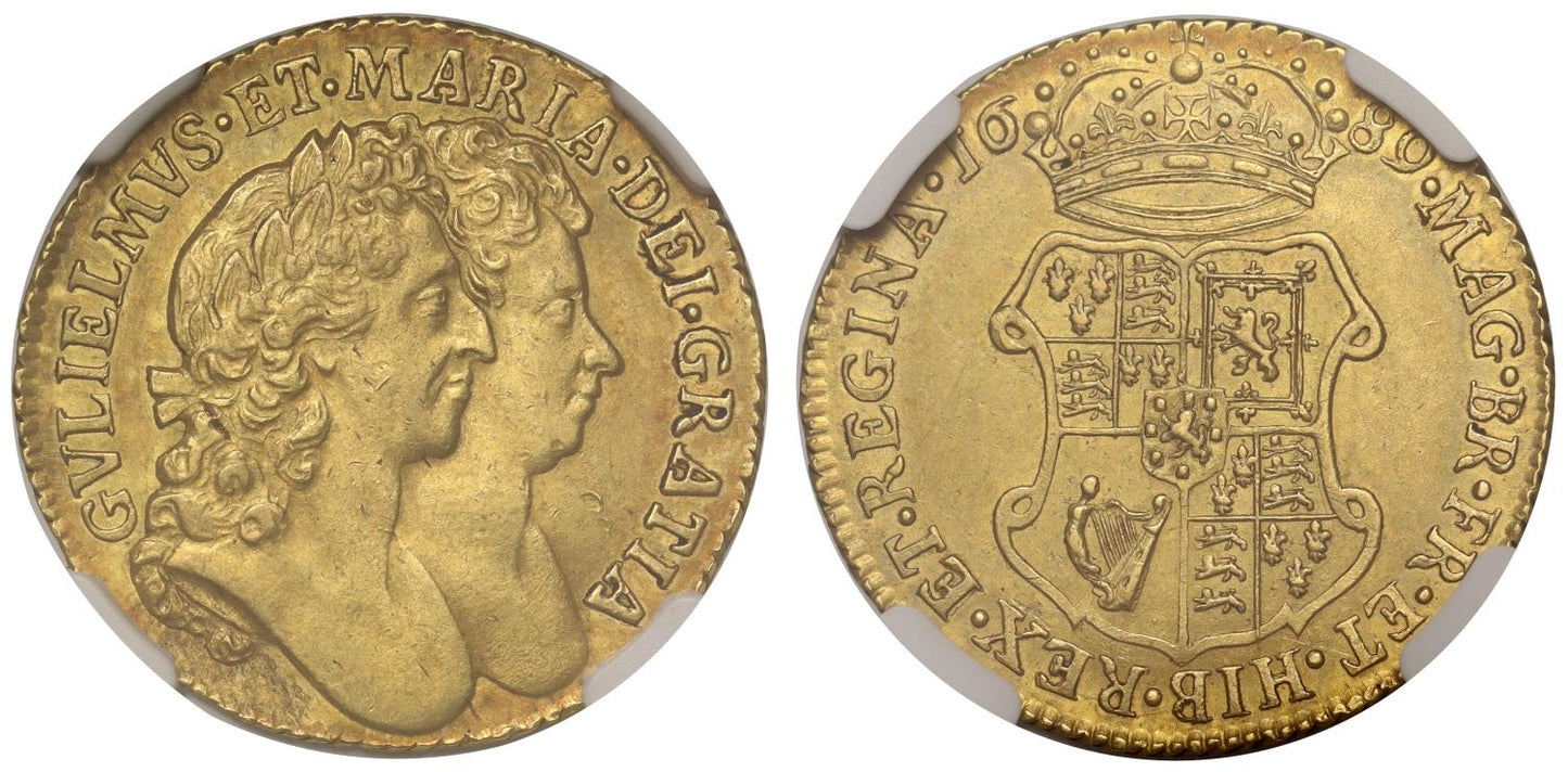 William and Mary 1689 Guinea, later harp variety, AU58