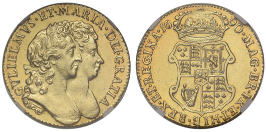 William and Mary 1690 Guinea, very rare date NGC AU58, 2nd finest graded