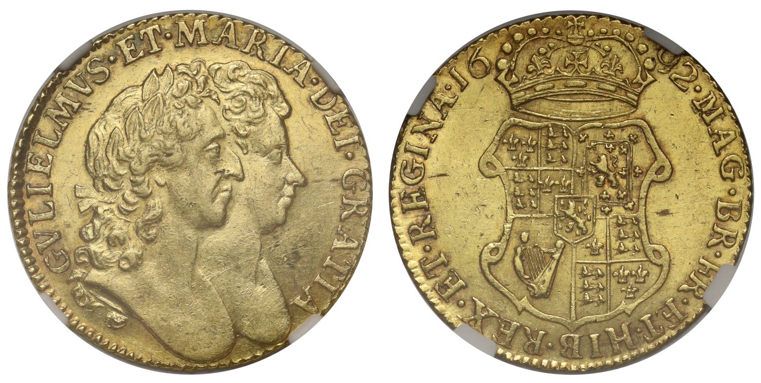 William and Mary 1692 Guinea AU58, very rare date, finest graded