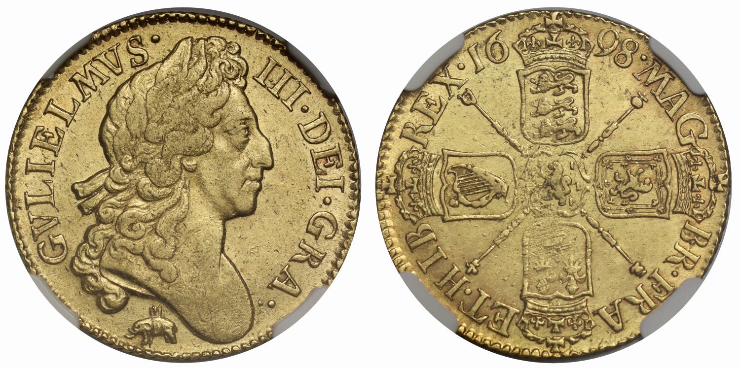William III 1698 Guinea Elephant and Castle AU53, second finest graded