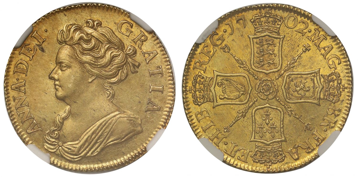 Anne 1702 Guinea, Pre-Union with Scotland first date, NGC AU58 ex Newcomer
