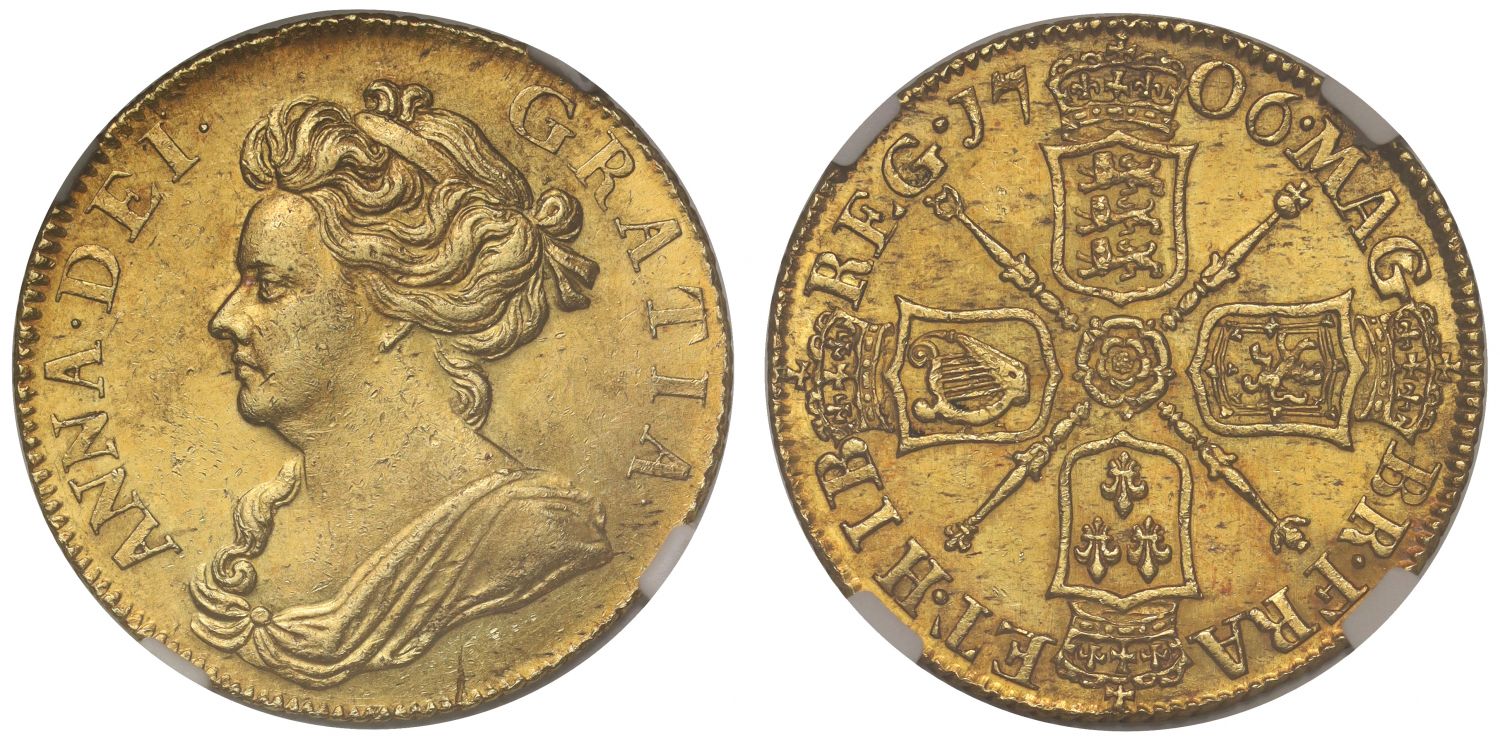 Anne 1706 Guinea, Pre-Union with Scotland MS62, finest graded