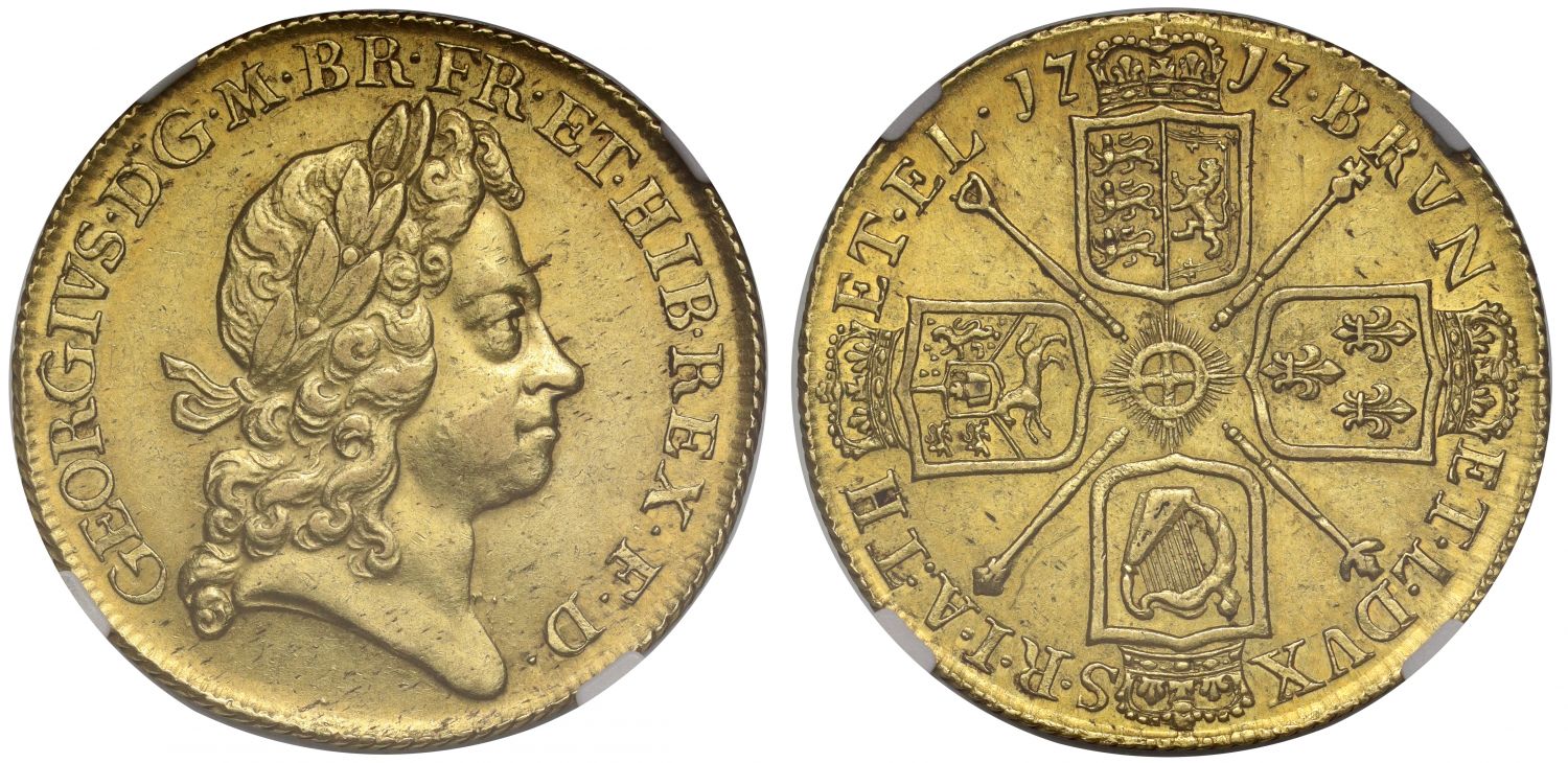 George I 1717 Two-Guineas, first year for reign, AU58 ex Traveller Collection
