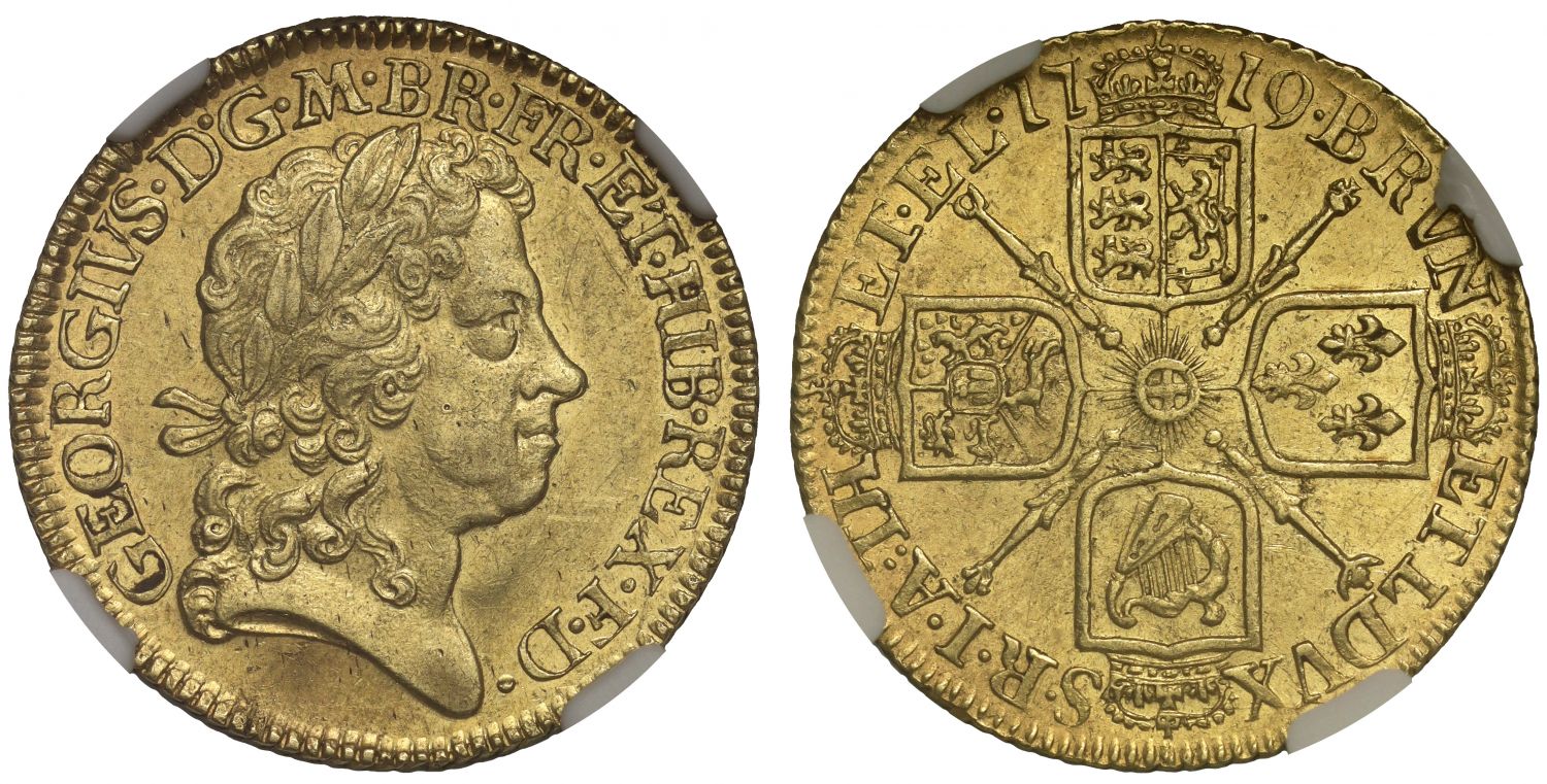 George I 1719 Guinea, 4th bust, AU58, rare date, ex Traveller