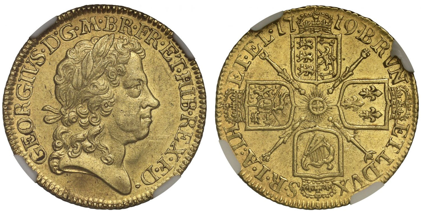 George I 1719 Guinea, 4th bust, AU58, rare date, ex Traveller