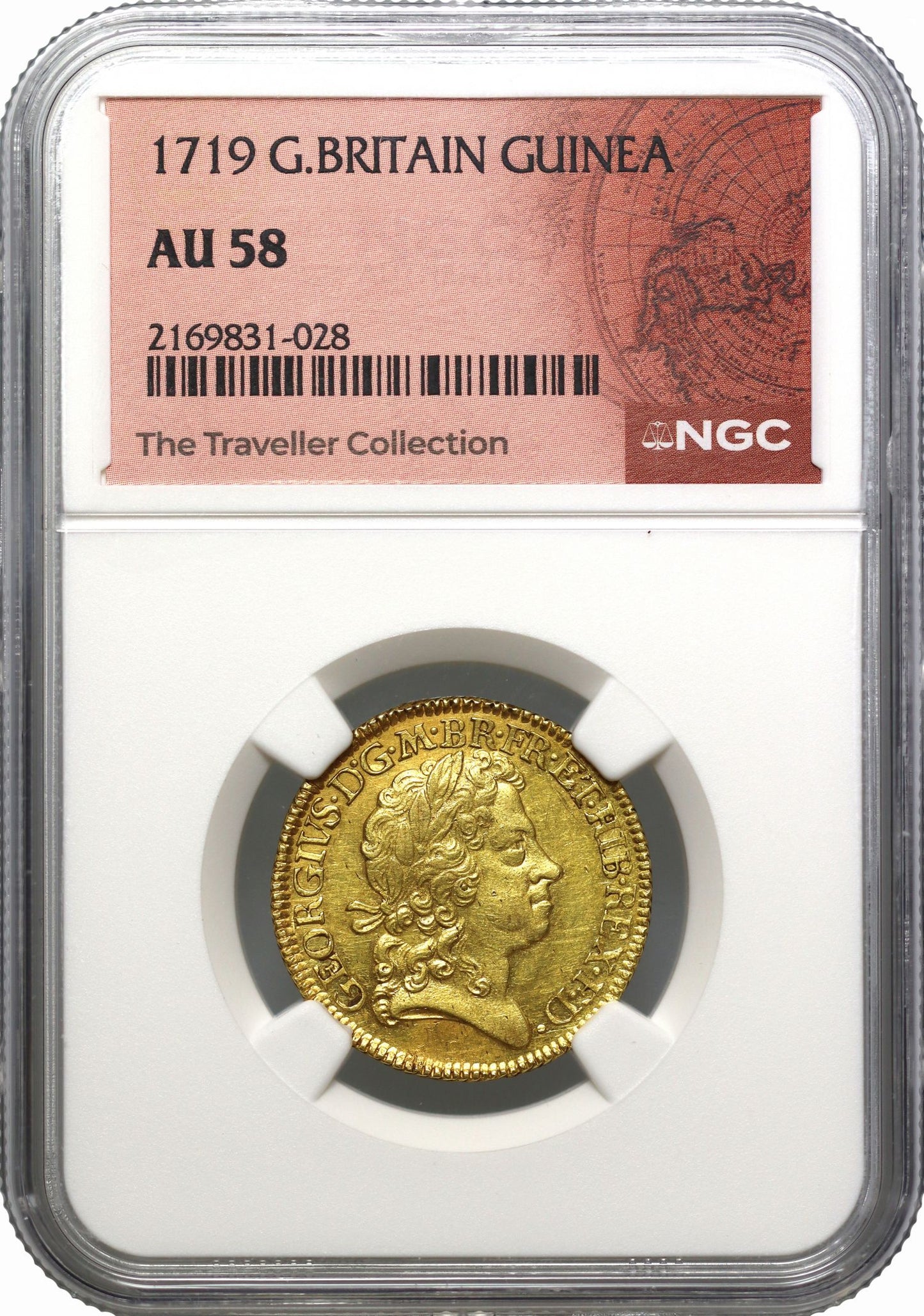 George I 1719 Guinea, 4th bust, AU58, rare date, ex Traveller