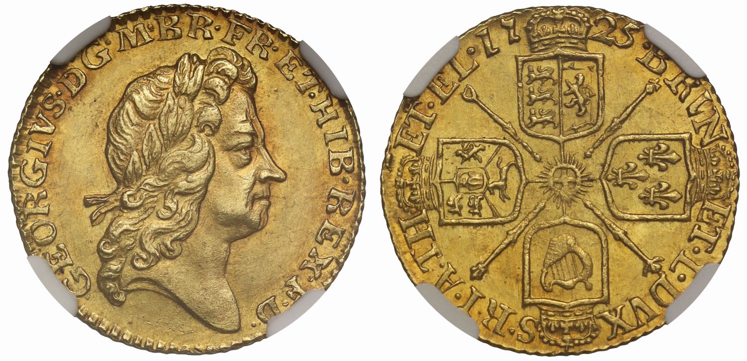 George I 1725 Half-Guinea second bust MS64, second finest graded