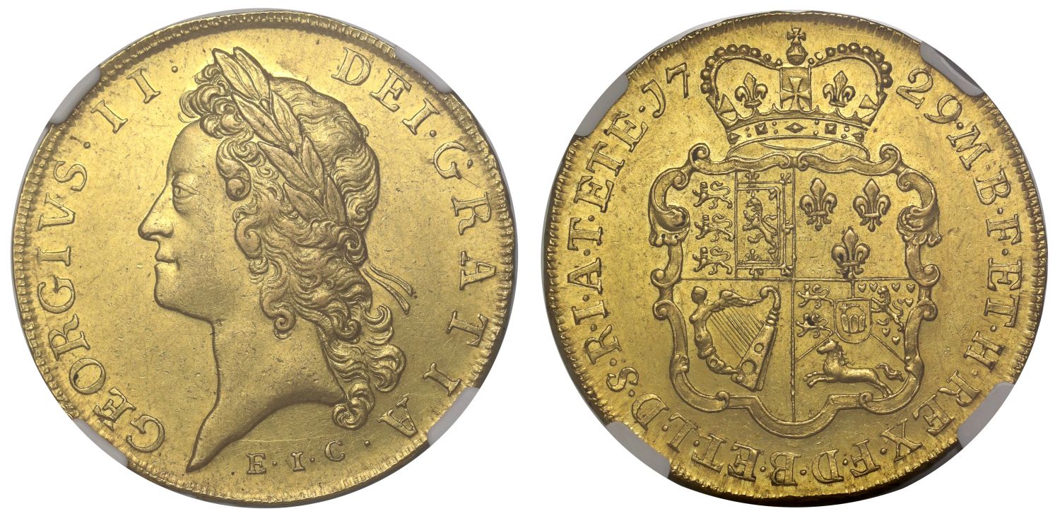 George II 1729 EIC Five-Guineas, East India Company gold NGC AU58