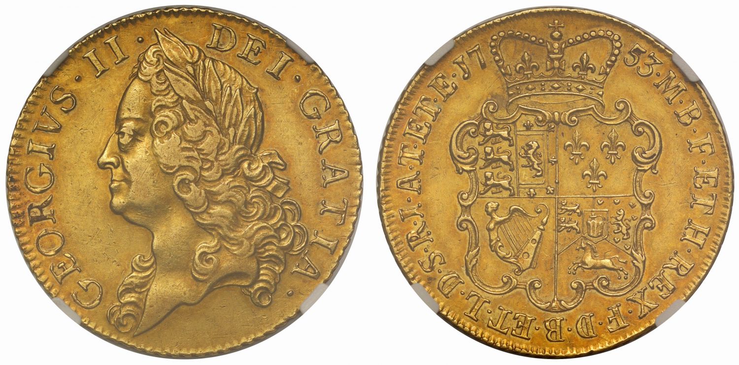 George II 1753 Two-Guineas, old head, final date AU55 - 2nd finest graded