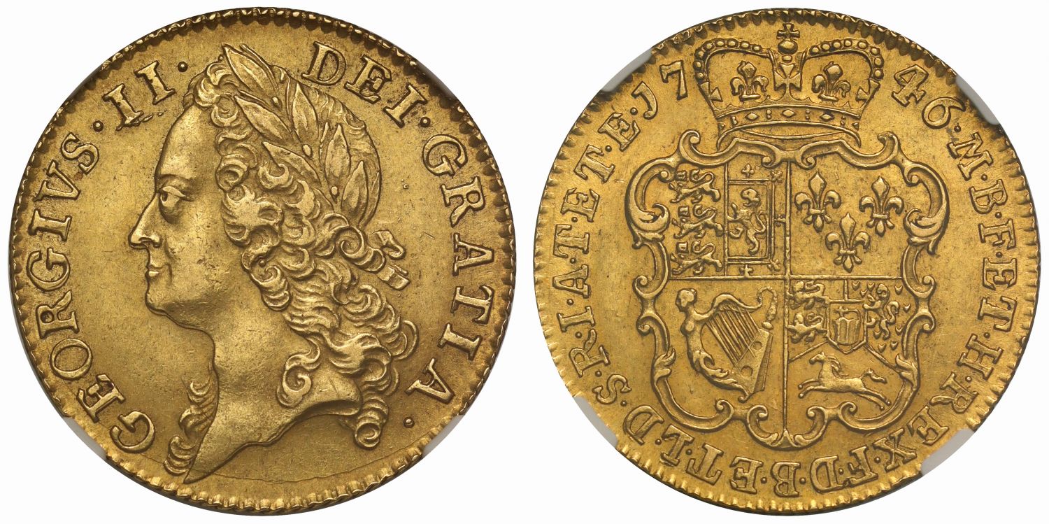 George II 1746 Guinea intermediate bust AU58+ rare date