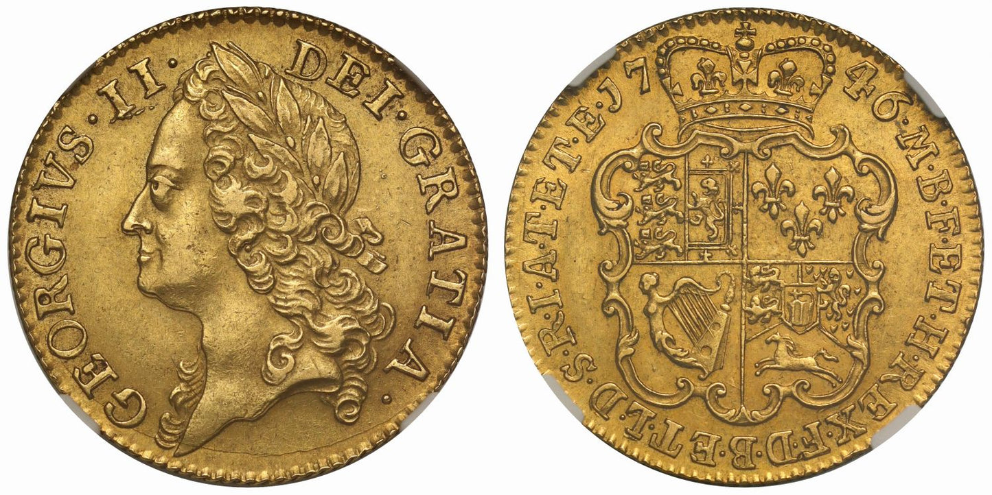 George II 1746 Guinea intermediate bust AU58+ rare date