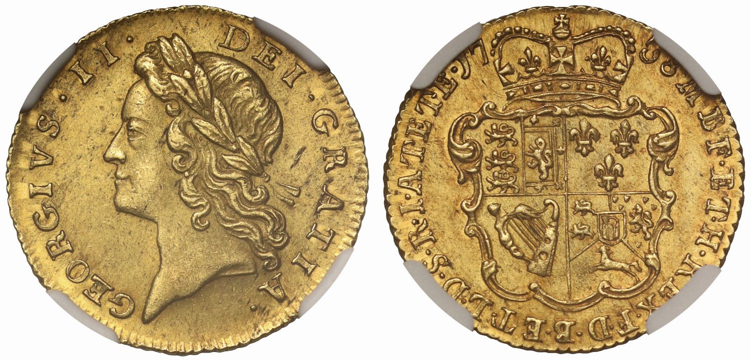 George II 1738 Half-Guinea young bust MS64, finest graded, very rare date