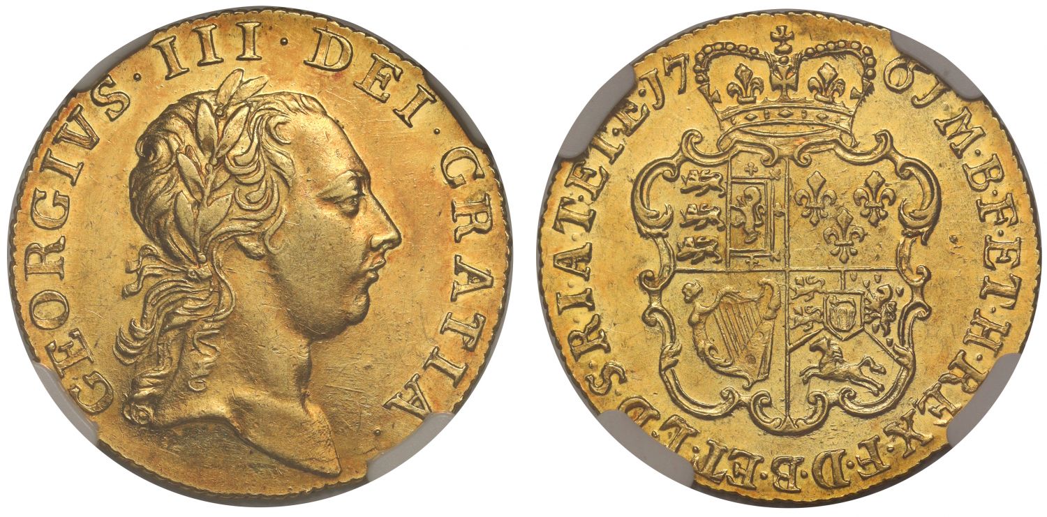George III 1761 Guinea first bust, wreath with two leaves at top NGC AU55