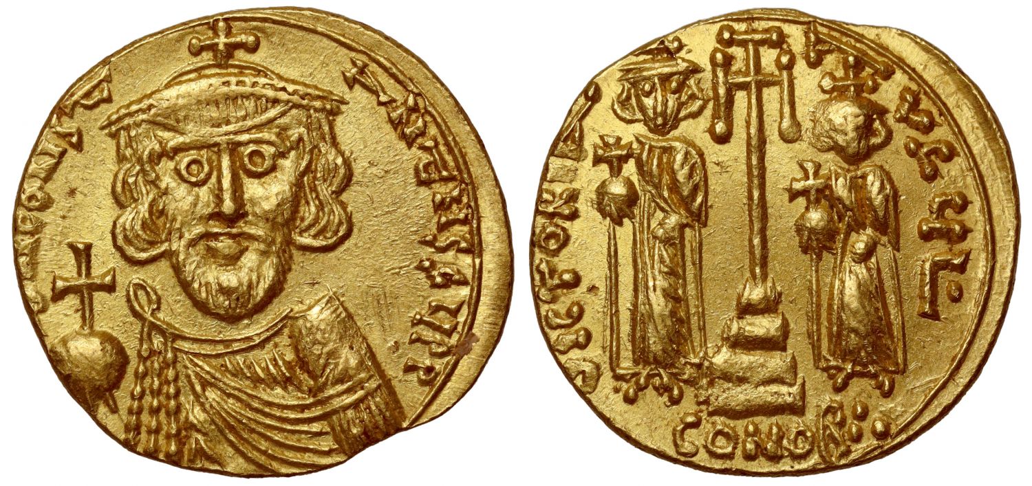 Constantine IV Pogonatus, with Heraclius and Tiberius, Solidus, Syracuse.