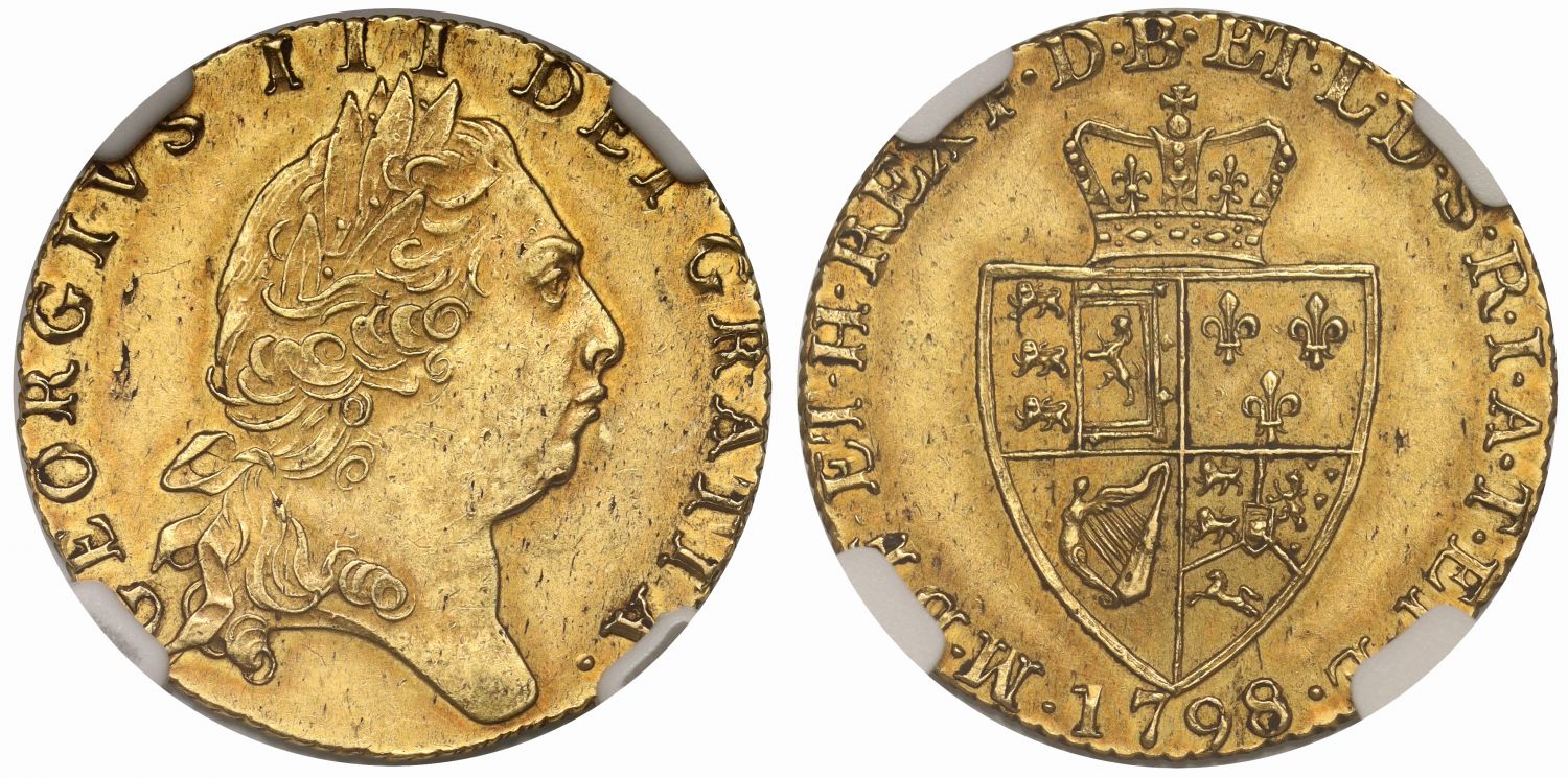 George III 1798 Guinea, fifth head, spade type reverse, AU55